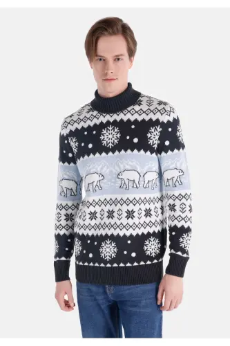 Regular Fit Turtle Neck Jakarlı Erkek Lacivert Kazak - LACİVERT - 1