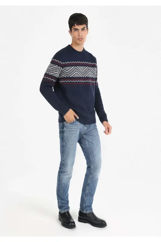 Regular Fit Yuvarlak Yaka Jakarlı Erkek Lacivert Kazak - LACİVERT - 3