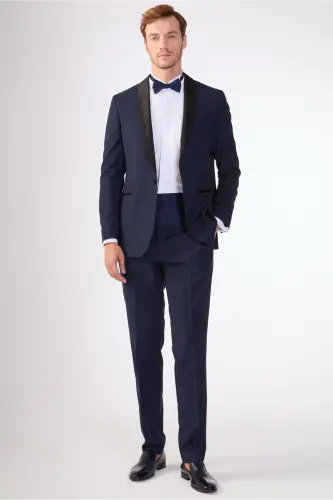 Lacivert Erkek Modern Fit Çizgili Şal Yaka Smokin Takım-LACİVERT - 1