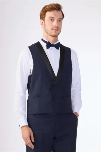 Lacivert Erkek Modern Fit Çizgili Şal Yaka Smokin Takım-LACİVERT - 7