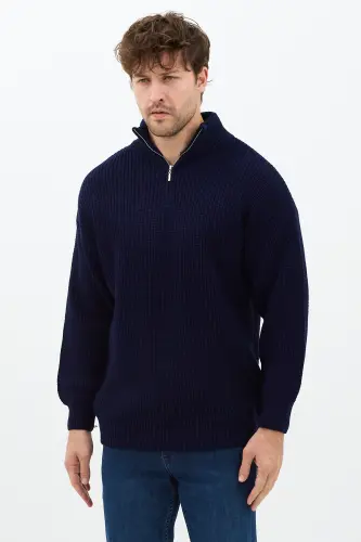 Lacivert Erkek Oversize Fermuarlı Balıkçı Triko Kazak-Mat Lacivert - 2