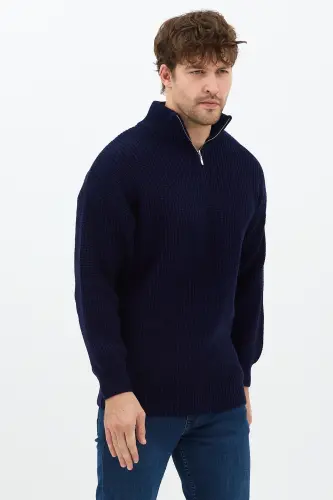 Lacivert Erkek Oversize Fermuarlı Balıkçı Triko Kazak - Mat Lacivert 
