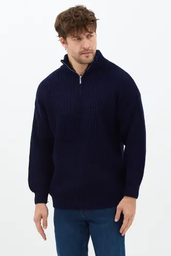 Lacivert Erkek Oversize Fermuarlı Balıkçı Triko Kazak-Mat Lacivert - 3