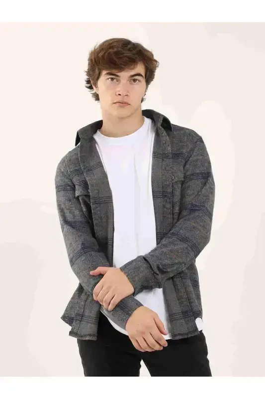 Lacivert Erkek Regular Fit Ekose Desenli Klasik Yaka Uzun Kol Oduncu Gömlek-LACİVERT - 2