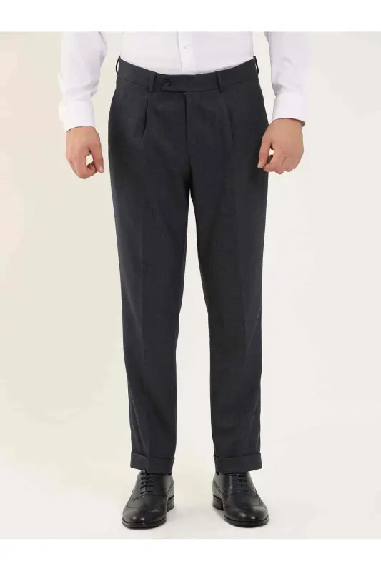 Lacivert Erkek Slim Fit Balıksırtı Desenli Klasik Pantolon-LACİVERT - DUFY