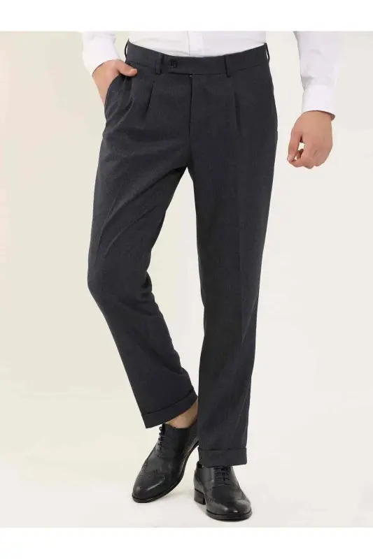 Lacivert Erkek Slim Fit Balıksırtı Desenli Klasik Pantolon-LACİVERT - 4