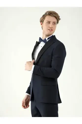 Lacivert Erkek Slim Fit Düz Sivri Yaka Smokin Takım-Lacivert - DUFY (1)