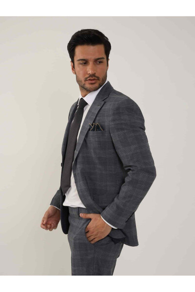 Lacivert Erkek Slim Fit Ekose Desenli Mono Yaka Takım Elbise - 95006 - 6