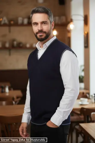 Lacivert Erkek V Yaka Triko Örgü Tüylenmez Süveter Regular Fit Saç Örgü Desenli-Lacivert - KAMALI (1)