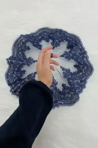 Lacivert Gelin Damat Halay Mendili, Işıl Işıl Güpürlü, Düğün Kına Gecesi Nedime Söz Nişan Bride-MENDİLTELKRMLACİVERT - 1