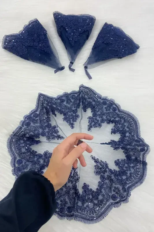 Lacivert Gelin Damat Halay Mendili, Işıl Işıl Güpürlü, Düğün Kına Gecesi Nedime Söz Nişan Bride-MENDİLTELKRMLACİVERT - 4