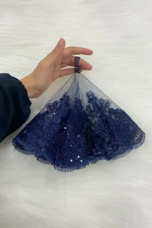 Lacivert Gelin Damat Halay Mendili, Işıl Işıl Güpürlü, Düğün Kına Gecesi Nedime Söz Nişan Bride-MENDİLTELKRMLACİVERT - 5