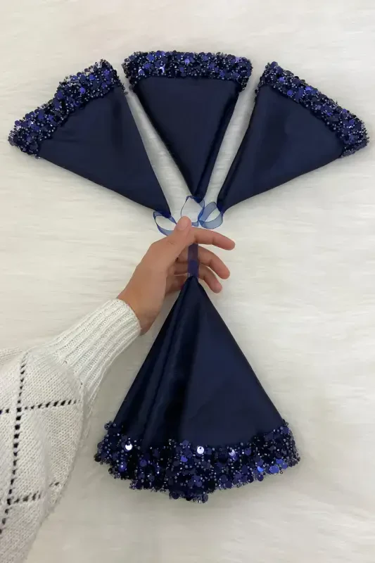Lacivert Gelin Damat Mendili Işıl Işıl Pul Detaylı Düğün Halay Nedime Söz Nişan Kına Sünnet Mendil-MENDİLIŞILMODELLACİVERTCE - 3