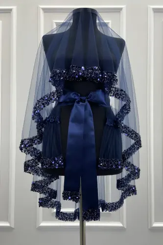 Lacivert Gelin Duvak Seti, Işıl Işıl Kristal Cam Boncuk, İnci ve Pul İşlemeli Kına Duvağı 6 Parça-Lacivert - 4