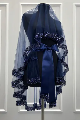 Lacivert Gelin Duvak Seti, Işıl Işıl Kristal Cam Boncuk, İnci ve Pul İşlemeli Kına Duvağı 6 Parça-Lacivert 