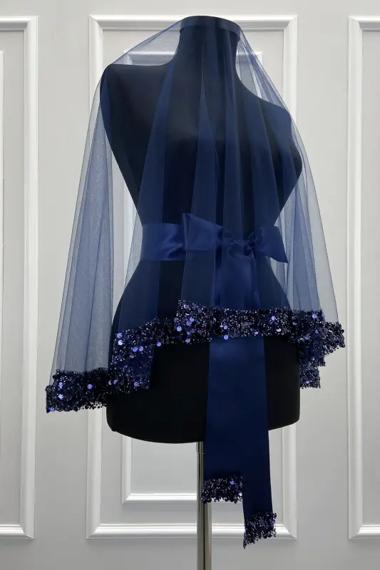 Lacivert Gelin Duvak Seti, Işıl Işıl Kristal Cam Boncuk, İnci ve Pul İşlemeli Kına Duvağı 6 Parça-Lacivert - 2