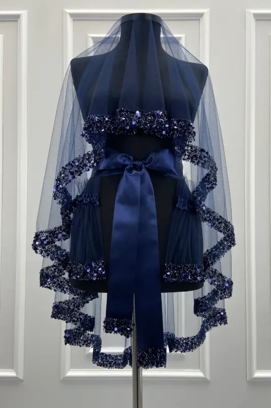 Lacivert Gelin Duvak Seti, Işıl Işıl Kristal Cam Boncuk, İnci ve Pul İşlemeli Kına Duvağı 6 Parça-Lacivert - 4