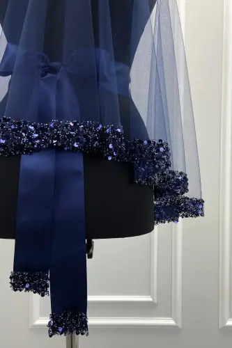 Lacivert Gelin Duvak Seti, Işıl Işıl Kristal Cam Boncuk, İnci ve Pul İşlemeli Kına Duvağı 6 Parça-Lacivert - 5