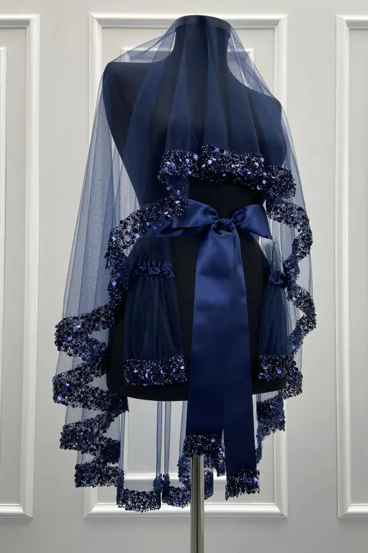 Lacivert Gelin Duvak Seti, Işıl Işıl Kristal Cam Boncuk, İnci ve Pul İşlemeli Kına Duvağı 6 Parça-Lacivert - 1