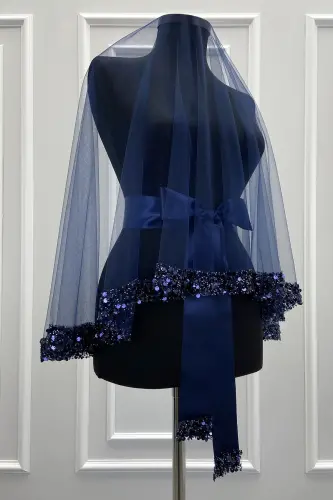 Lacivert Gelin Duvak Seti, Işıl Işıl Kristal Cam Boncuk, İnci ve Pul İşlemeli Kına Duvağı 6 Parça-Lacivert - ZEYMERADE (1)