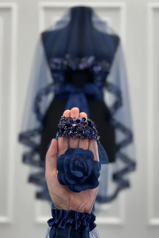 Lacivert Gelin Duvak Seti, Işıl Işıl Kristal Cam Boncuk, İnci ve Pul İşlemeli Kına Duvağı 6 Parça-Lacivert - 3