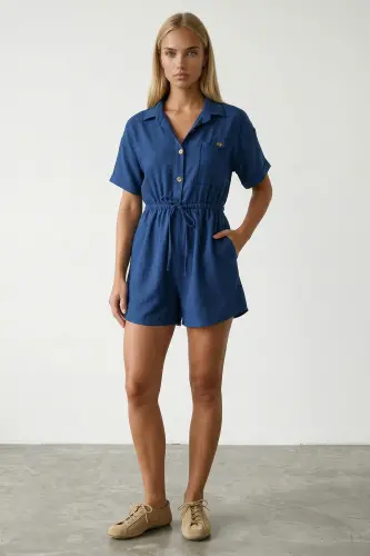 Lacivert Gömlek Yaka Çift Cepli Keten Şort Tulum-LACİVERT - 3