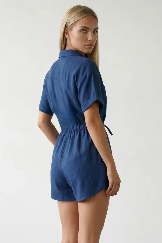 Lacivert Gömlek Yaka Çift Cepli Keten Şort Tulum-LACİVERT - 4