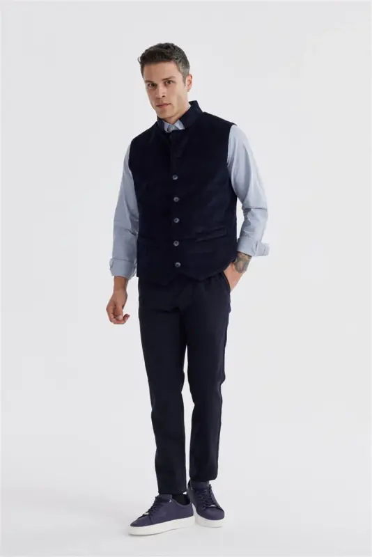 Lacivert Hakim Yaka Çift Taraflı Slim Fit Yelek - JAKAMEN