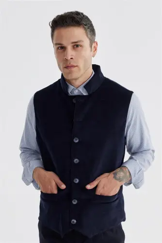 Lacivert Hakim Yaka Çift Taraflı Slim Fit Yelek - JAKAMEN (1)