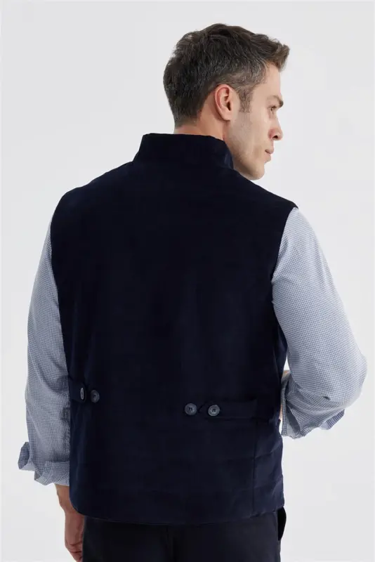 Lacivert Hakim Yaka Çift Taraflı Slim Fit Yelek - 4