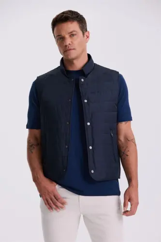 Lacivert Hakim Yaka Elyaflı Slim Fit Yelek - JAKAMEN (1)