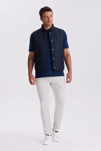 Lacivert Hakim Yaka Elyaflı Slim Fit Yelek - 1
