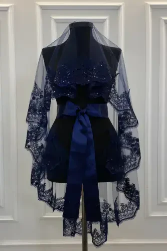 Lacivert Işıl Işıl Güpürlü Kına Duvak Seti, Gelin Duvağı Seti-Lacivert - 1