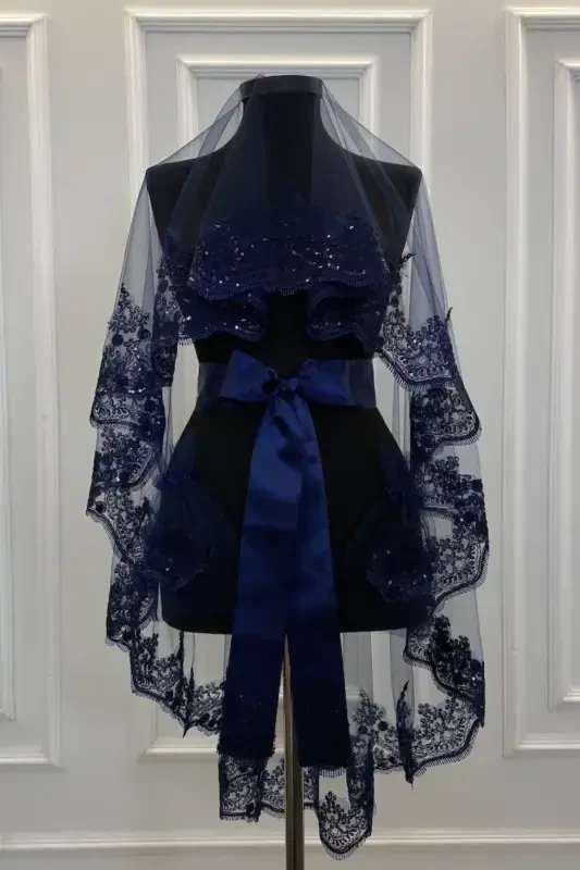 Lacivert Ișıl Ișıl Güpürlü Kına Duvoq Seti, Gelin Duvoği Seti-Lacivert - 1