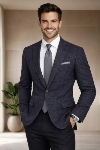 Lacivert İtalyan Stil Slim Fit Klasik Erkek Blazer Ceket - Lacivert Beyaz 