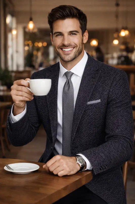 Lacivert İtalyan Stil Slim Fit Klasik Erkek Blazer Ceket - Lacivert Beyaz - 2