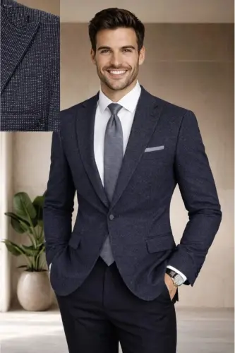 Lacivert İtalyan Stil Slim Fit Klasik Erkek Blazer Ceket - Lacivert Beyaz - 4