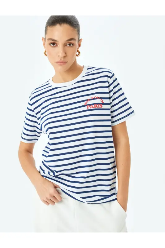 Çizgili Lacivert Kadın T-Shirt 5SAK50139EK - Lacivert Çizgili - 2