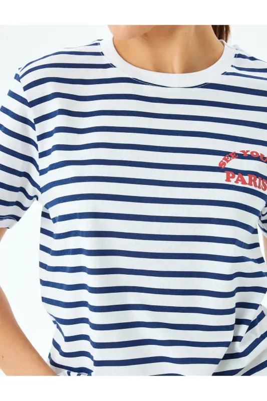 Çizgili Lacivert Kadın T-Shirt 5SAK50139EK - Lacivert Çizgili - 5
