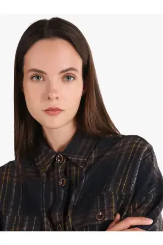 Relaxed Fit Shirt Neck Ekoseli Kadın Lacivert Uzun Kol Gömlek - 4