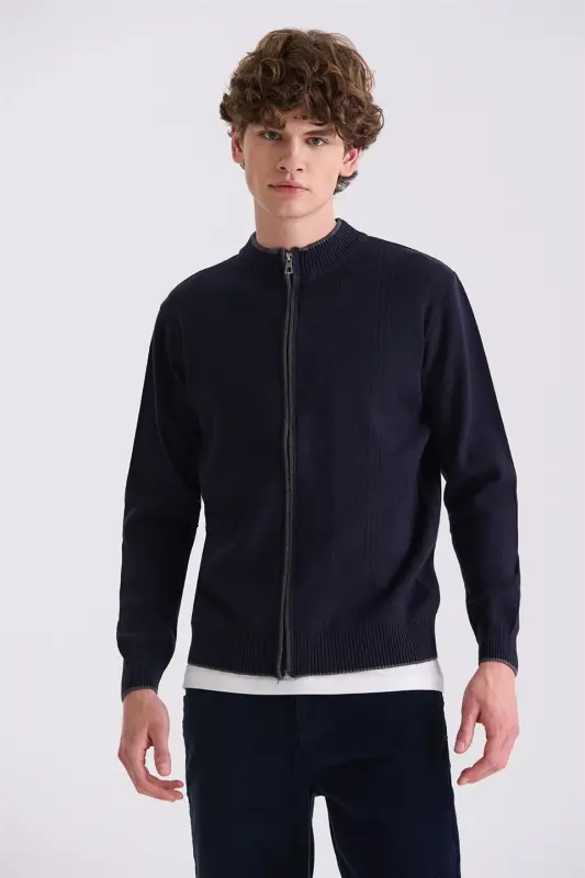Lacivert Classic Fit Düz Fermuarlı Dik Yaka Triko Hırka - JAKAMEN