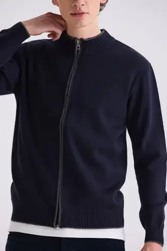 Lacivert Classic Fit Düz Fermuarlı Dik Yaka Triko Hırka - 3