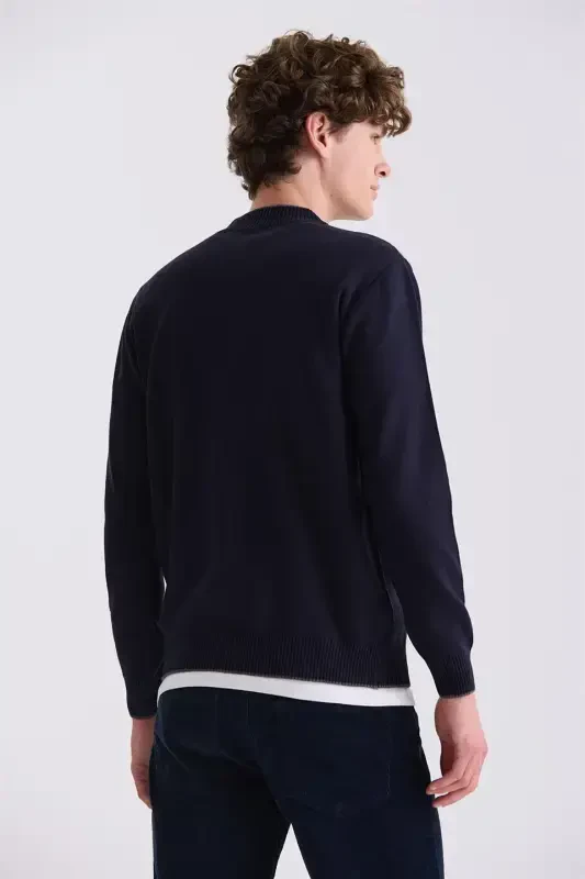 Lacivert Classic Fit Düz Fermuarlı Dik Yaka Triko Hırka - 4