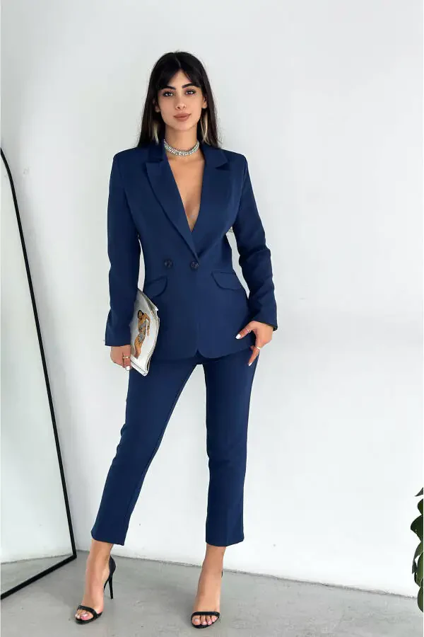 Lacivert Kruvaze Blazer Ceket Havuç Pantolon Takım Elbise-Lacivert - 2