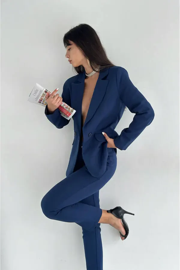 Lacivert Kruvaze Blazer Ceket Havuç Pantolon Takım Elbise-Lacivert - 3