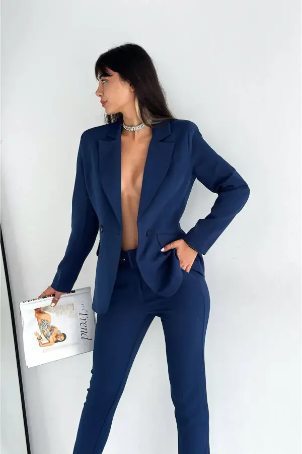 Lacivert Kruvaze Blazer Ceket Havuç Pantolon Takım Elbise-Lacivert - 4