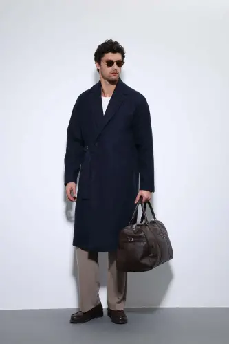 Lacivert Kuşaklı Oversize Erkek Kaban - Lacivert 