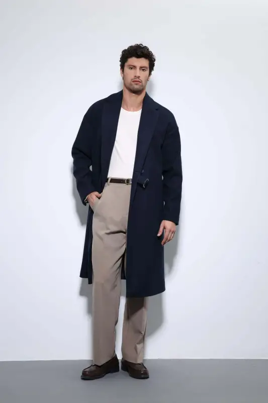 Lacivert Kuşaklı Oversize Erkek Kaban - Lacivert - 2