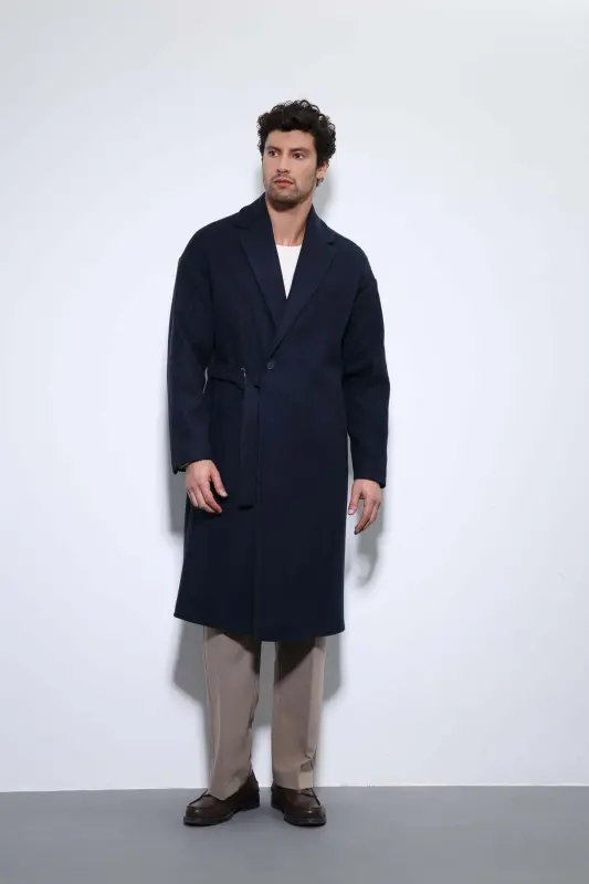 Lacivert Kuşaklı Oversize Erkek Kaban - Lacivert - 3