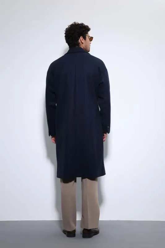 Lacivert Kuşaklı Oversize Erkek Kaban - Lacivert - 5